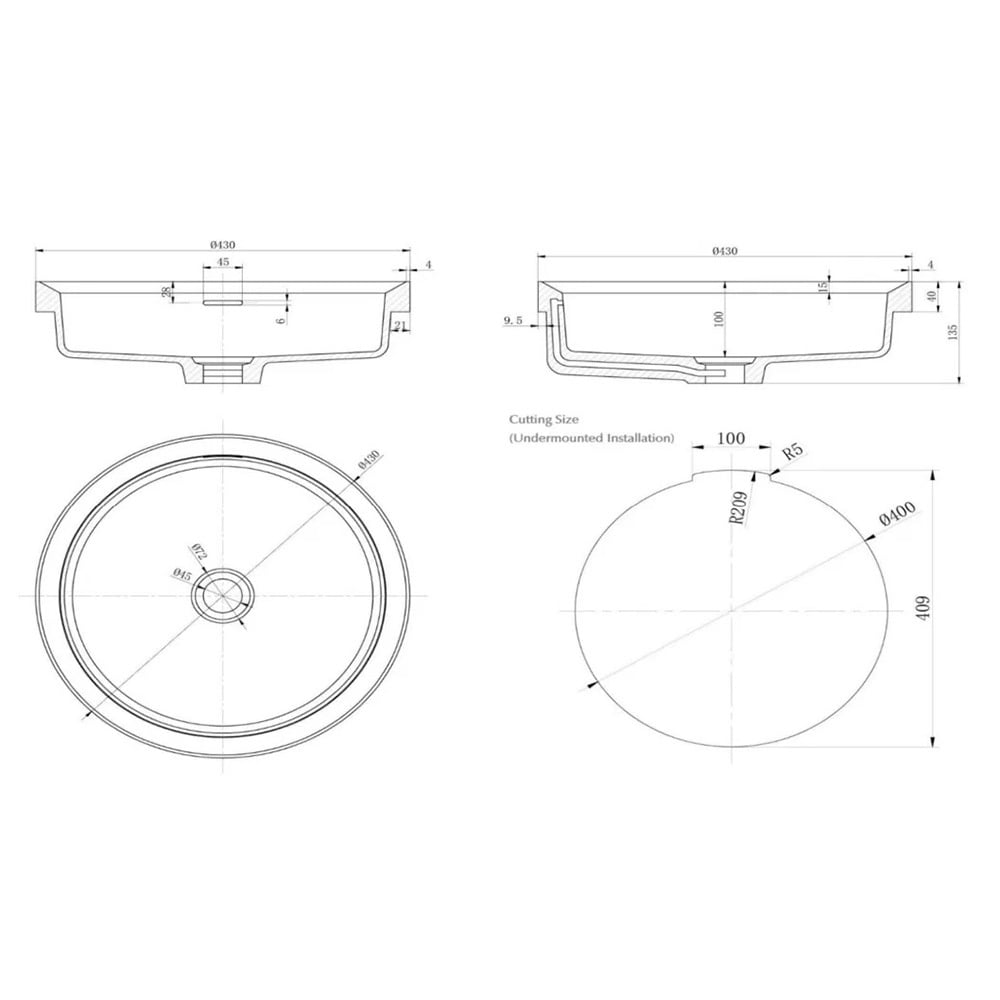 Calypsa 430mm Round Solid Surface Semi-Inset Basin