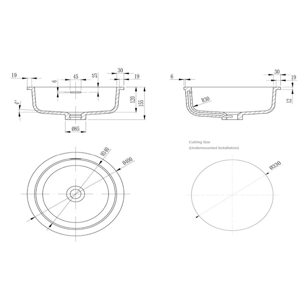 Kalos 400mm Round Solid Surface Undermount Basin