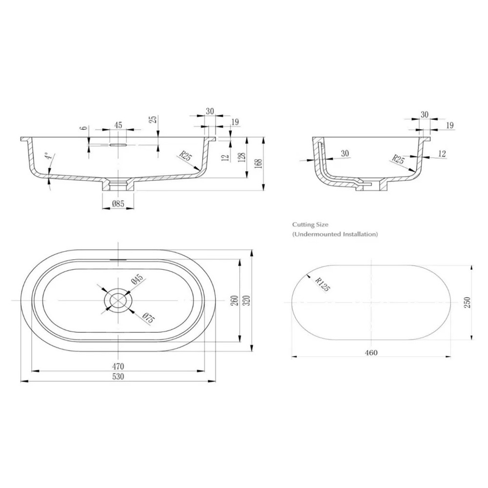 Doros 530mm Oval Solid Surface Undermount Basin