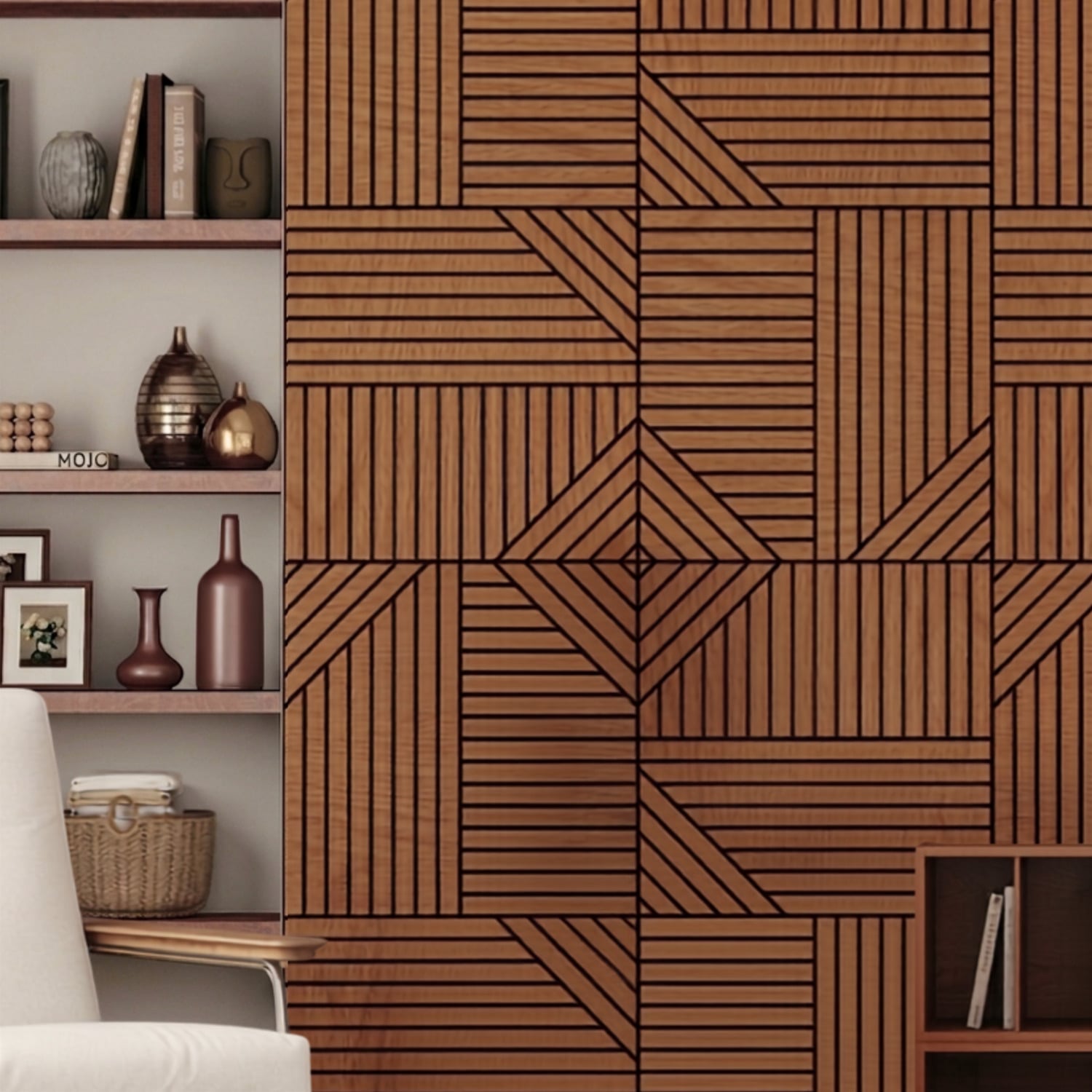Acoura Space 600 x 600mm Amber Walnut Self-Adhesive Acoustic Slat Wall Panels