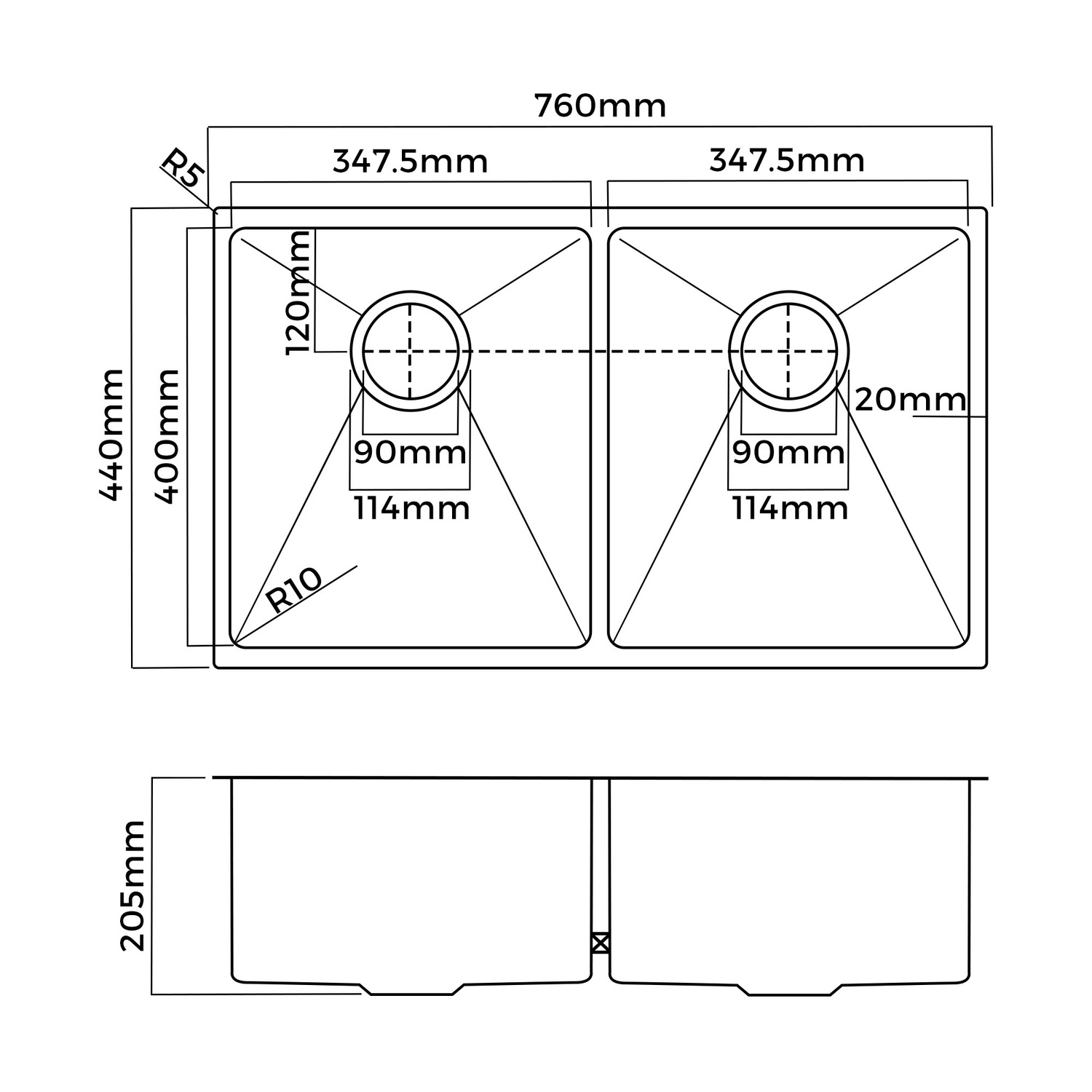 Parker 760mm Double Stainless Steel Kitchen Sink