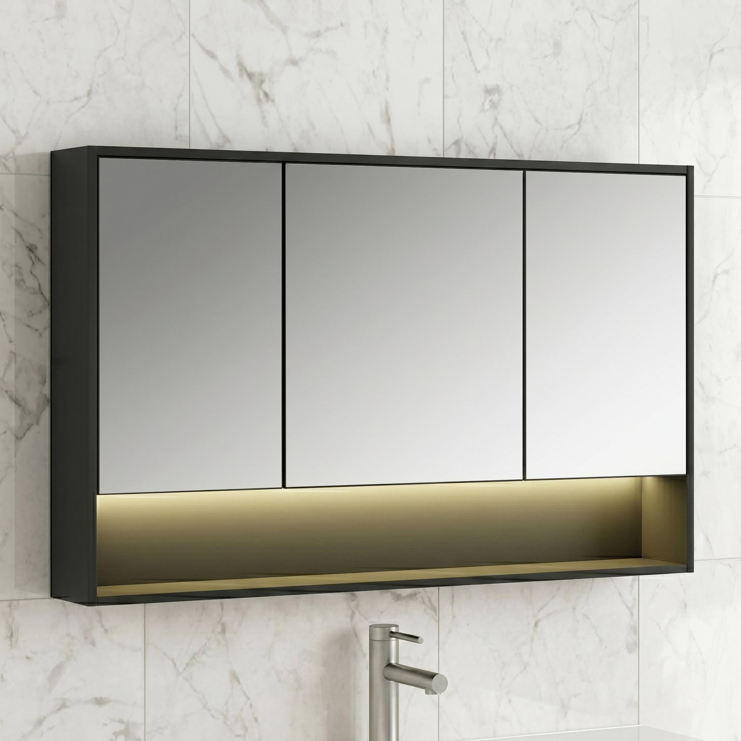 Meriden 1200mm LED Mirrored Shaving Cabinet with Open Shelf