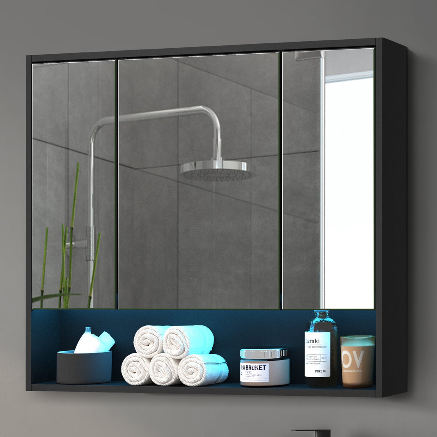 Meriden 900mm LED Mirrored Shaving Cabinet with Open Shelf