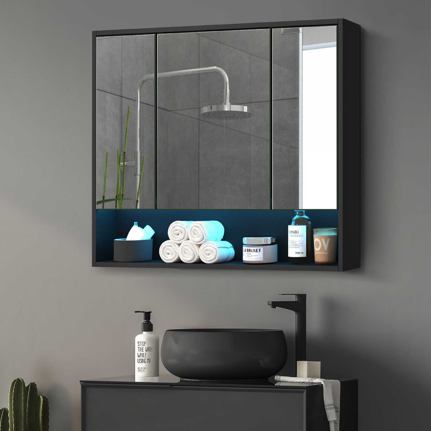 Meriden 900mm LED Mirrored Shaving Cabinet with Open Shelf