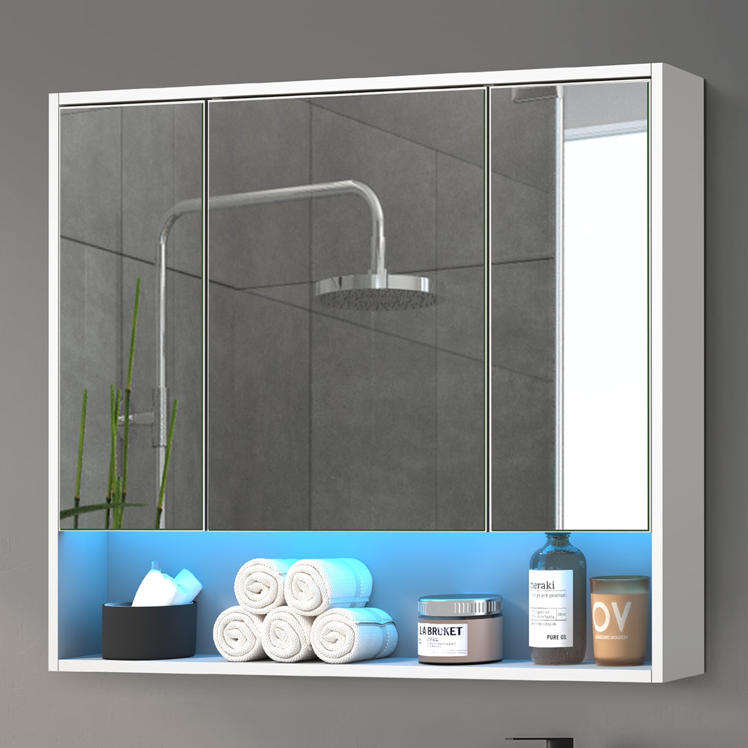 Meriden 900mm LED Mirrored Shaving Cabinet with Open Shelf