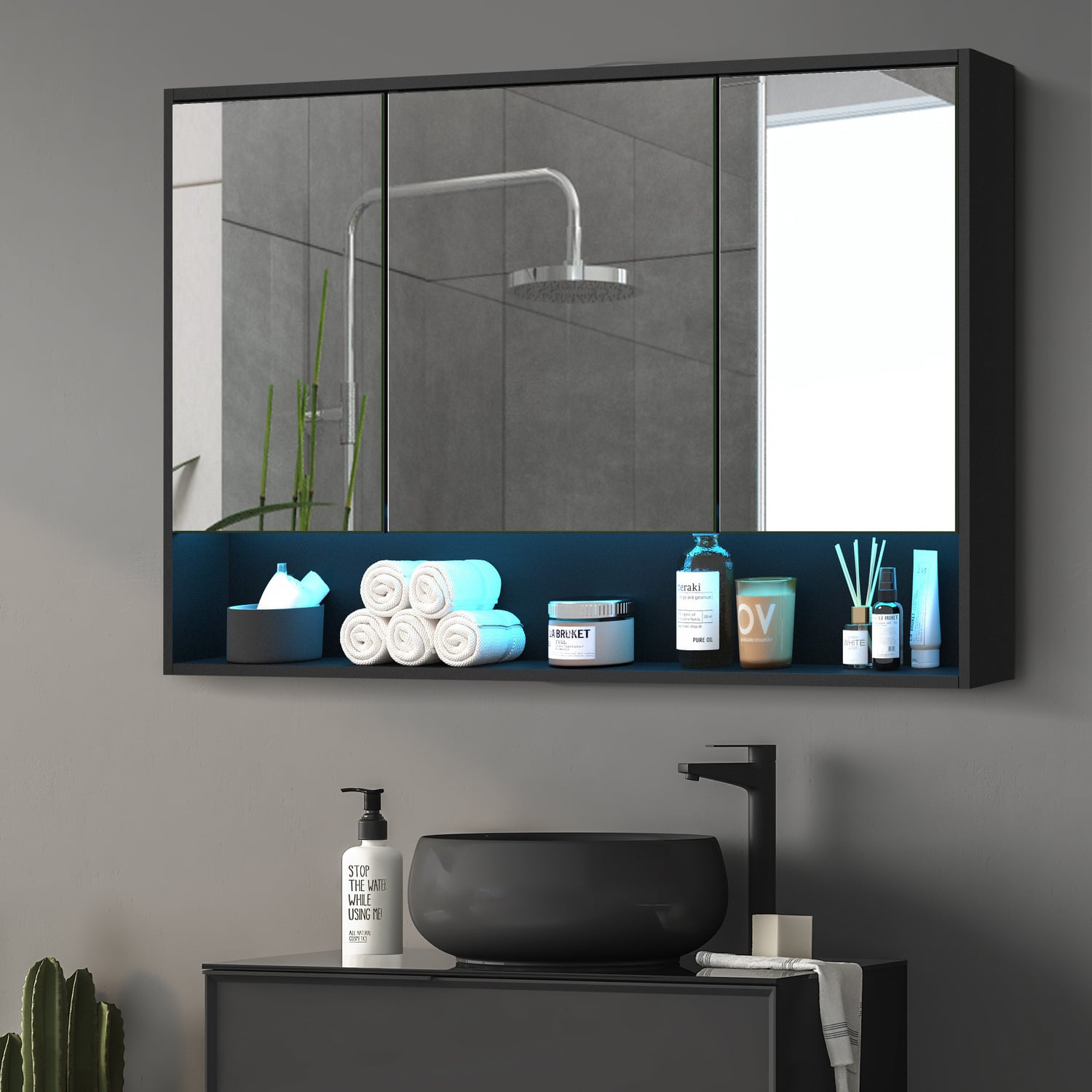 Meriden 1200mm LED Mirrored Shaving Cabinet with Open Shelf