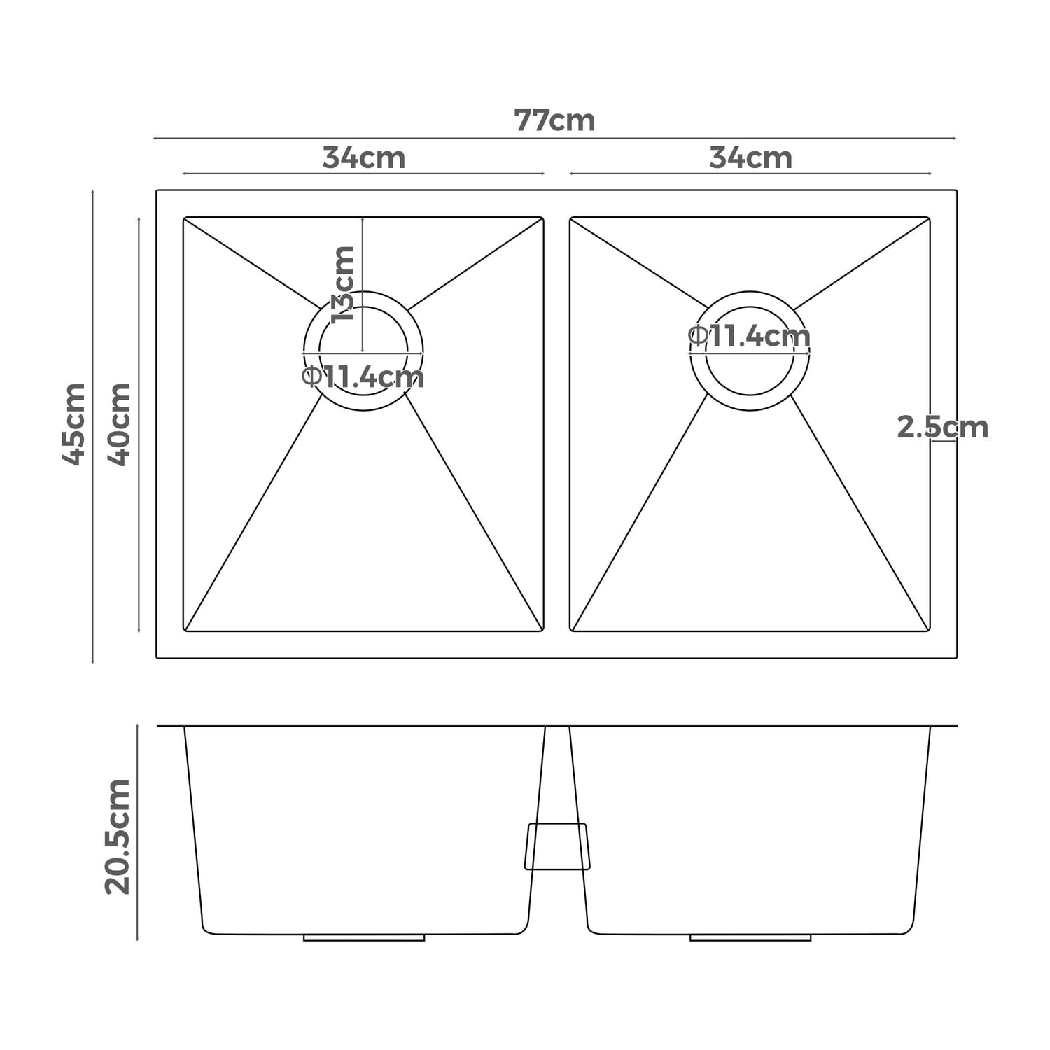 Agnes 770mm Double Stainless Steel Kitchen Sink