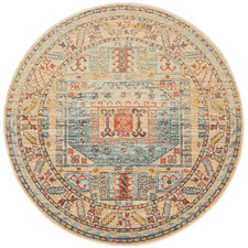 Sky Blue & Beige Power-Loomed Transitional Round Rug