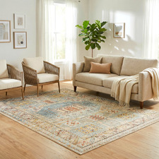 Sky Blue & Beige Power-Loomed Transitional Round Rug