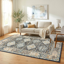 Navy & Sky Blue Power-Loomed Transitional Round Rug