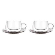 Littleton Double Wall Glass Cups & Saucers (Set of 2)