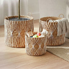3 Piece Jada Woven Water Hyacinth & Cotton Basket Set