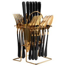 24 Piece Black & Gold Stainless Steel Cutlery Set with Rack