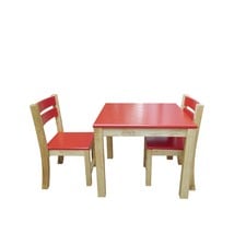 Red Top Timber Table with Red Seat Stacking Chairs