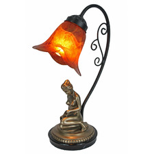 Cold Cast Bronze Reading Girl Lamp Base with Amber Glass Shade