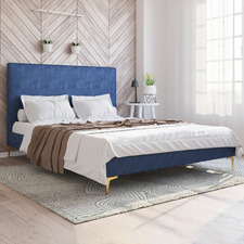 Blue Rykkie Velvet Bed Frame with Gold Legs