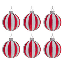 (Set of 6) Candy-Cane Striped Round Glass Baubles