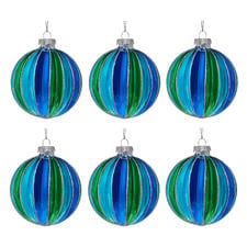Blue & Green Striped Glass Baubles (Set of 6)