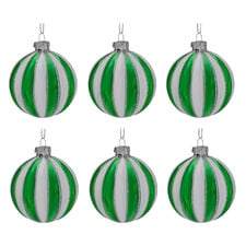 Green & White Striped Glass Baubles (Set of 6)