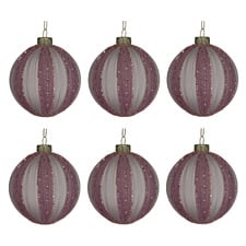 Pink & White Striped Glass Baubles (Set of 6)