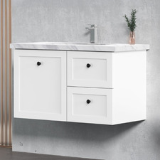 Whitby 900mm Matte White Wall Hung Single Vanity with 50mm Stone Countertop