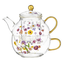 5 Piece Pressed Flowers Glass Teapot with Infuser & Teacup Set