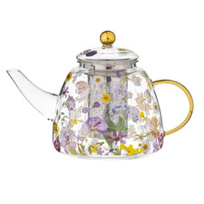 5 Piece Pressed Flowers Glass Teapot with Infuser & Teacup Set