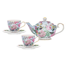 5 Piece Pressed Flowers Glass Teapot with Infuser & Teacup Set