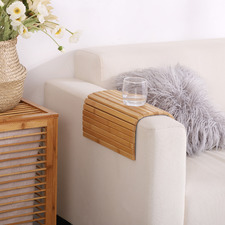 Flexible Bamboo Sofa Armrest Tray with Non-Slip Base