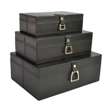 Black 3 Piece Leather Boxes with Stirrup Set