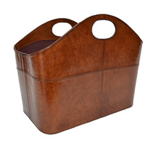 Tan Leather Magazine Basket with Handles