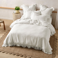 White Vintage Ruffle Linen-Blend Quilt Cover Set