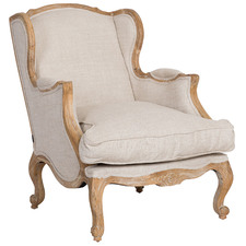 French Linen Oak Bergere Louis XV Wing Chair