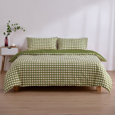 Olive Grid Micro Flannel Reversible Quilt Cover Set