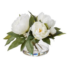 32cm White Faux Peony with Glass Vase