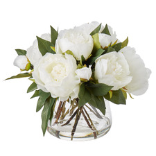 30cm White Faux Peony with Glass Vase