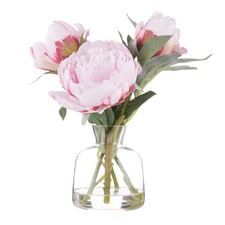 25cm Pink Faux Peony with Glass Vase