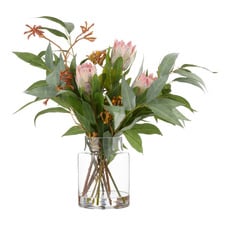 48cm Pink Faux Mixed Mini Pataya & Eucalyptus with Glass Vase