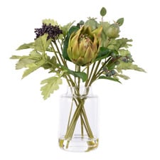 36cm Green Faux Protea Mixed Arrangement with Glass Vase