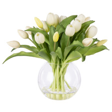 32cm White Faux Tulip Arrangement with Glass Vase