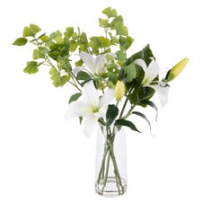 80cm Faux Lily & Ginkgo Arrangement with Glass Vase