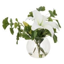 37cm Faux Lily & Ginkgo with Glass Vase