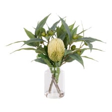 44cm Faux Mixed Native Banksia & Gum Nut with Glass Vase