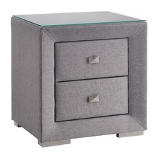 Light Grey Modernized Fabric Bedside Table with Glass Top