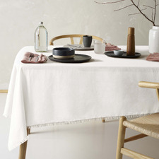White Fringed Linen & Cotton Tablecloth