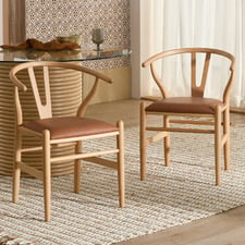 Hans Wegner Wishbone Replica Solid Beech Wood & Faux Leather Dining Chairs (Set of 2)