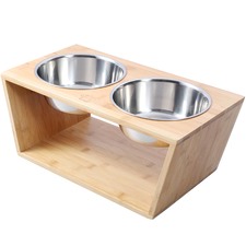 Bamboo Dog Feeder with Stainless Steel Bowls