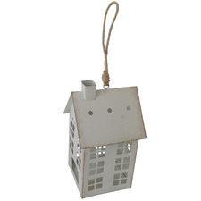 Distressed White Hanging Metal House Tealight Holder