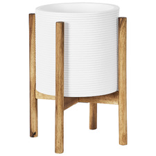 41cm Ceramic Planter with Acacia Wood Stand
