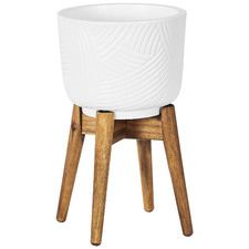 34cm Ceramic Planter with Acacia Wood Stand